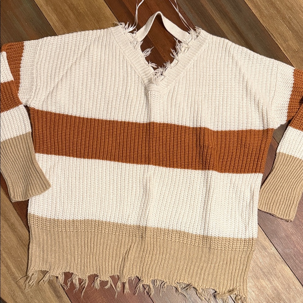 moon & madison Striped V-Neck Sweater - Cream, Orange, Tan